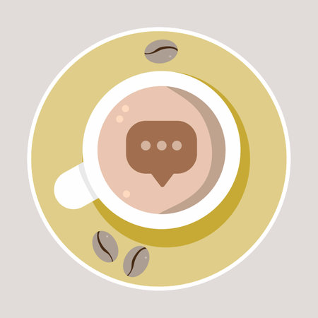 Vector illustration of a cup of coffee with a green plate surrounded by coffee beans with top view, comment sign, perfect for coffee product advertisementsのイラスト素材