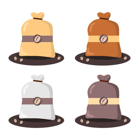 Vector illustration set of a sack containing lots of coffee beans, icons, perfect for advertising coffee productsのイラスト素材