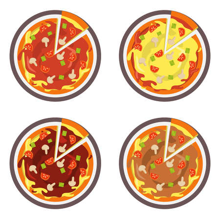 Vector illustration set of pizza slice on plate with tomato and cheese sauce. restaurant and food themes, suitable for advertising food productsのイラスト素材