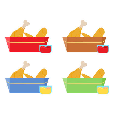 Vector illustration set of crispy fried chicken package with tomato sauce in container, Restaurant and Food theme, perfect for advertising of food productsのイラスト素材