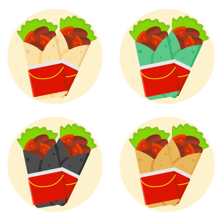 Vector illustration set of kebabs using wrap, restaurant and culinary themes, perfect for advertising food productsのイラスト素材