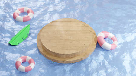 3d rendering of a round wooden podium on a blue background.の写真素材