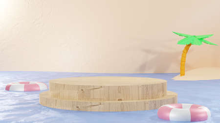 3d render of minimal display podium with palm tree and lifebuoy.の写真素材
