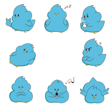 Vector illustration with white bckground, cute icon blue bird cartoon with different styleのイラスト素材