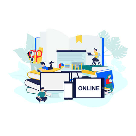Vector illustration, flat design of training young people to gain knowledge from books and the Internet.のイラスト素材