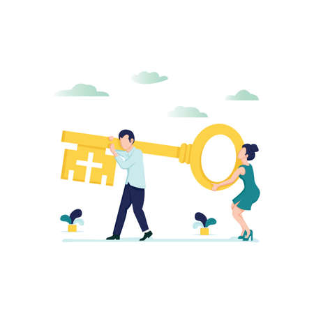 Vector illustration of the concept of teamwork. couple go to the door with a key. people open the door with a key, lock.のイラスト素材