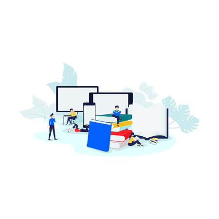 Vector illustration flat design, teaching  people how to learn from books and the Internet. design...