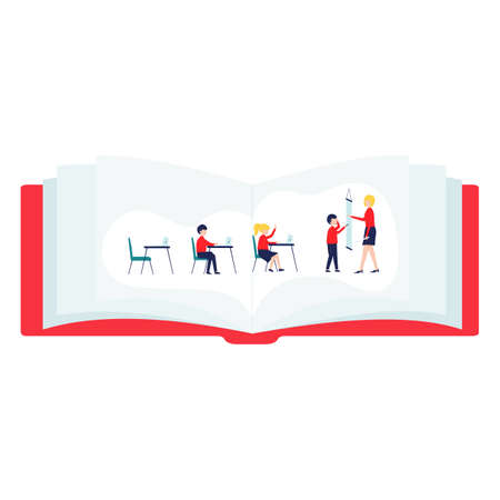 Vector illustration flat design, children working on laptop, teacher teach, informatics lesson in classのイラスト素材