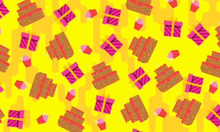 Abstract gift box, cake and ice cream in seamless pattern on yellow background. Simple design for your web site.のイラスト素材