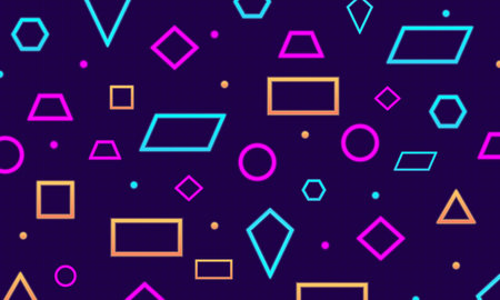Blue, pink and orange geometric shapes neon lights background. Futuristic design for wallpapers.