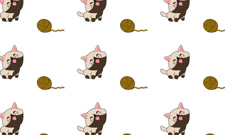 Smiling cat and ball of yarn seamless pattern in doddle style. Design for your pillow.のイラスト素材