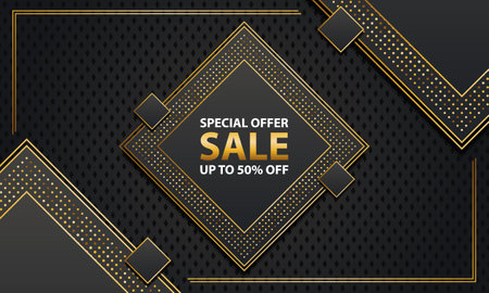 Sale banner background with luxury dark rectangle and gold lines. Vector illustration.のイラスト素材