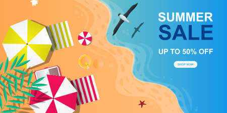 Summer sale banner background with beach. Fresh background. Vector illustration.のイラスト素材