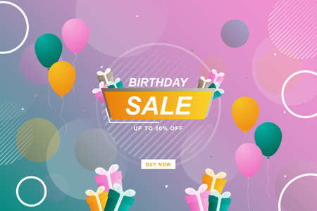 Sale banner background with colorful gradient balloon and gift box. Vector illustration.のイラスト素材