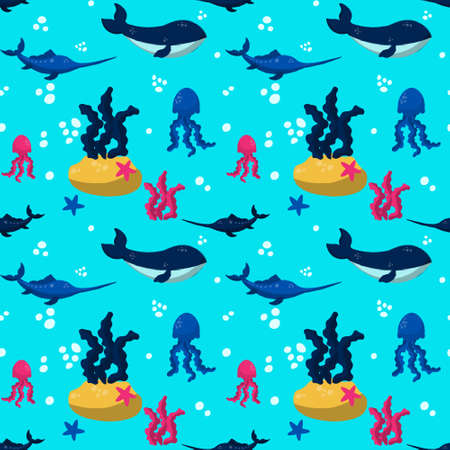 Hand drawn world oceans day seamless pattern. Vector illustration.のイラスト素材