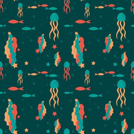 Hand drawn world oceans day seamless pattern. Vector illustration.のイラスト素材