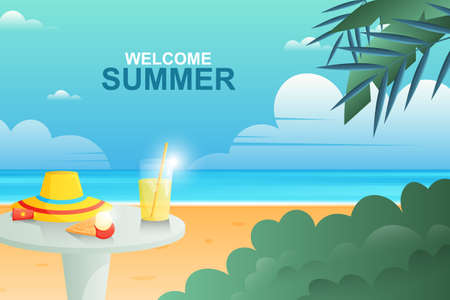 Gradient welcome summer background with beach and food. Vector illustration.のイラスト素材