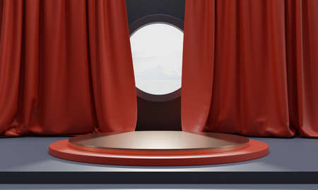 Red and gray podium background with curtain. 3D rendering illustration.