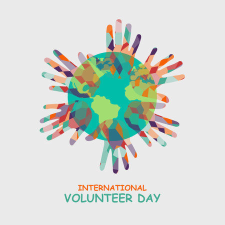 International Volunteer Day background. Design with abstract hand and earth. Vector illustration.のイラスト素材