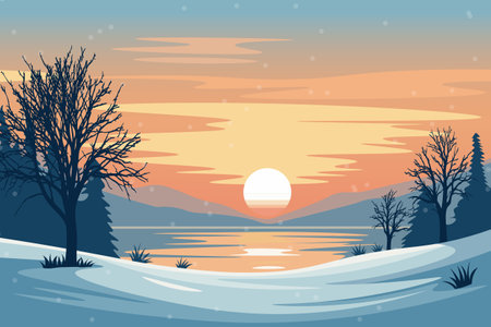 Tranquil Winter Sunset Over Frozen Waters. Vector illustration.のイラスト素材