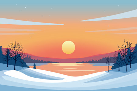 A serene winter sunset over a snowy landscape with bare trees silhouetted against the colorful skyのイラスト素材