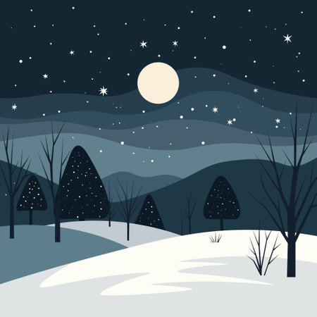 This image depicts a serene winter night landscape. The scene features a snow-covered ground with bare trees and snow-capped coniferous trees scattered throughout.のイラスト素材