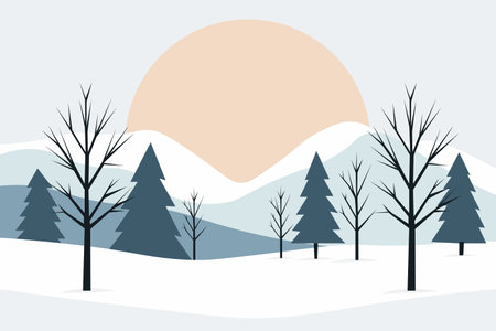 A serene winter landscape featuring bare trees and pine trees against a backdrop of snow-covered hills and a large setting sun, creating a peaceful and calm atmosphere.のイラスト素材
