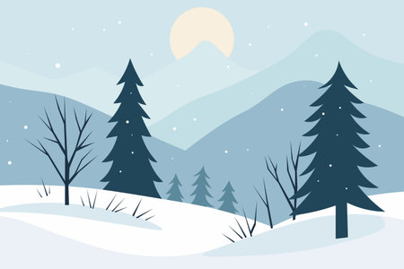 A serene winter landscape featuring snow-covered hills, tall evergreen trees, and a pale sun rising over distant mountains, with gentle snowfall adding to the tranquil scene.のイラスト素材