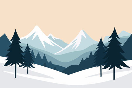 A serene illustration of snow-covered mountains with pine trees in the foreground. The mountains have white peaks, and the scene is set against a soft beige sky.のイラスト素材