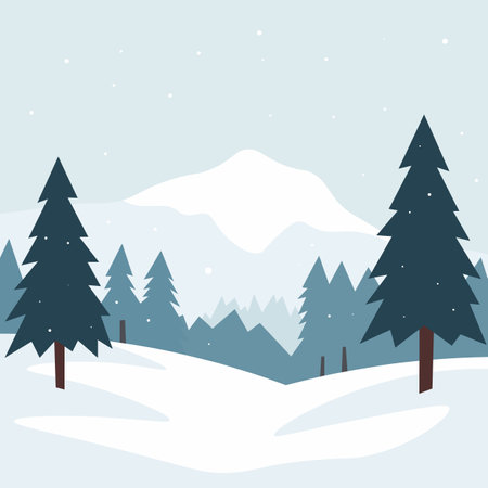 A minimalist illustration of a snowy forest with pine trees and mountains in the background.のイラスト素材
