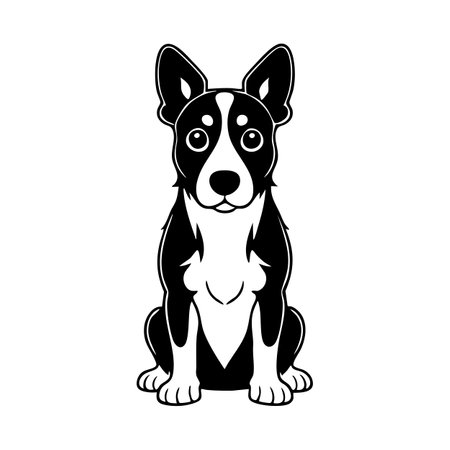 This image is a black and white illustration of a sitting dog. The dog has a friendly expression, with a prominent nose, ears, and a wagging tail, making it visually appealing.のイラスト素材