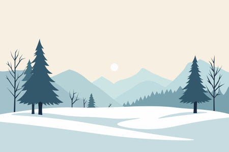 A serene winter landscape featuring snow-covered ground, pine trees, bare trees, and distant mountains under a pale sky with the sun visible.のイラスト素材
