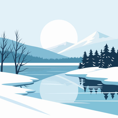 A serene winter landscape featuring snow-covered trees, a tranquil frozen river, and distant mountains under a bright sun.のイラスト素材
