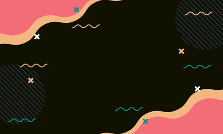 A colorful abstract background featuring wavy borders, black central space, and playful geometric elements such as crosses, squiggles, and striped circular patternsのイラスト素材