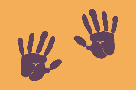 Two stylized dark purple handprints contrast with a vivid orange background for bold graphic impactのイラスト素材
