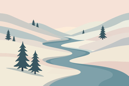 A minimalist stylized landscape with a winding river pastel hills and scattered evergreens evoking calm and dreamy tranquilityのイラスト素材