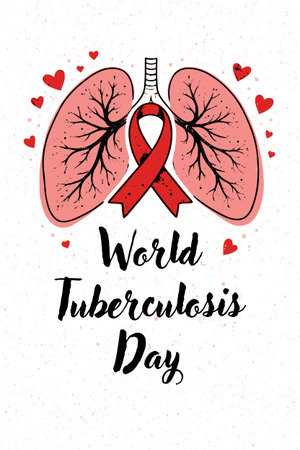 An illustration showing lungs and a red ribbon to promote world tuberculosis day and general respiratory health awareness globallyのイラスト素材