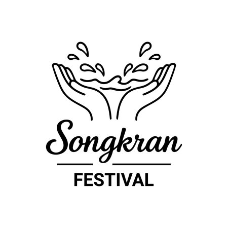 A minimal black and white logo representing the Thai New Year water festival with hands holding water and clean typography for cultural eventsのイラスト素材