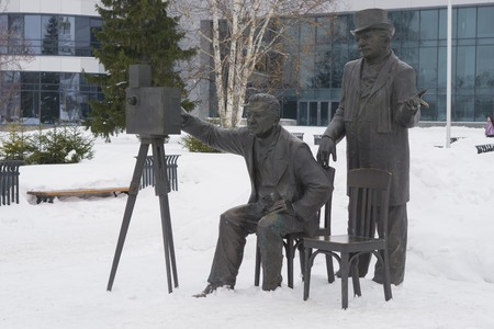 Yekaterinburg, Russia - February 02, 2016: Monument to the Lumiere brothers with a camera on a winter dayのeditorial素材