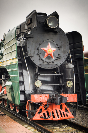 MOSCOW, RUSSIA - APRIL 07, 2017: Soviet retro train is exhibited in the museum of railway transport in Moscowのeditorial素材