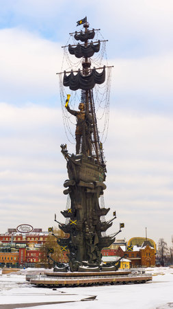 Moscow, Russia - January 17, 2017: Monument to Peter the Great in commemoration of the tercentenary of the Russian fleet on the Crimean embankment in Moscowのeditorial素材