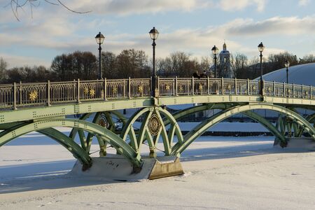 Moscow, Russia - January 18, 2017: Bridge over pond in Tsaritsyno Moscow winter in sunny weatherのeditorial素材