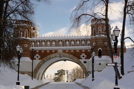 Moscow, Russia - January 18, 2017: Figured bridge in the park Tsarina in Moscowのeditorial素材