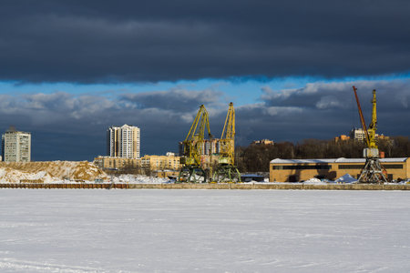 River port in Moscow winter sunny dayの写真素材
