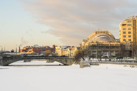 Moscow, Russia - January 30, 2017: Small stone bridge residential and administrative buildings on Yakimanka in Moscowのeditorial素材