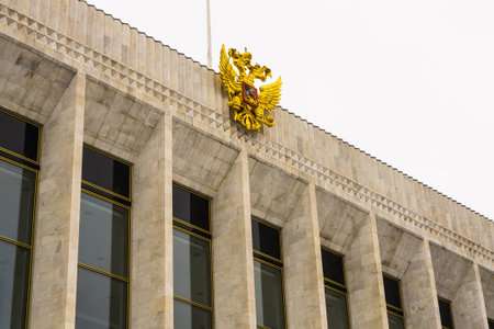 Moscow, Russia - February 1, 2017: Fragment of the building of the State Kremlin Palace with the emblem of the Russian Federation with a two-headed eagleのeditorial素材