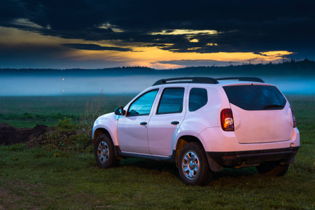 Crossover in a foggy field at dawn