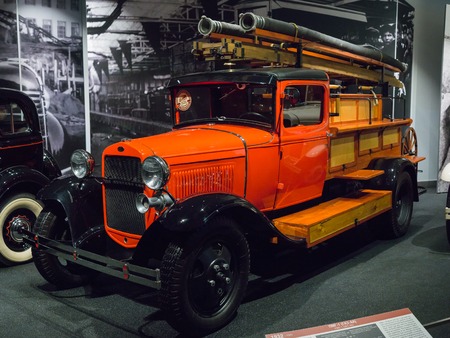 Verkhnyaya Pyshma, Russia - October 20, 2018: Fire retro car PMG-1 GAZ-AA in the twentieth century automobile engineering museum in the town of Verkhnyaya Pyshma in Russiaのeditorial素材