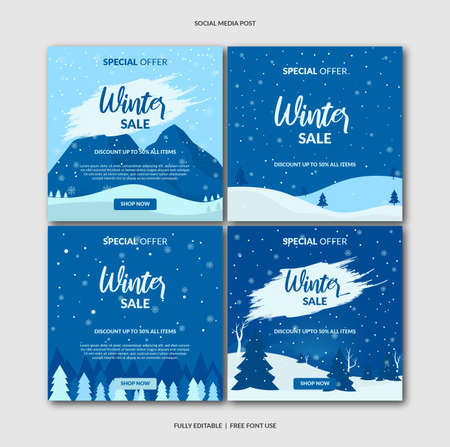 Set of Editable Social Media Post Template, Winter Sale Theme, Suitable for social media post, greeting card, promotion, web banner ads, internet marketing.のイラスト素材