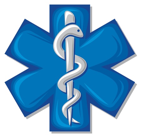medical symbol caduceus snake with stick (emblem for drugstore or medicine, blue medical sign, symbol of pharmacy, pharmacy snake symbol)のイラスト素材